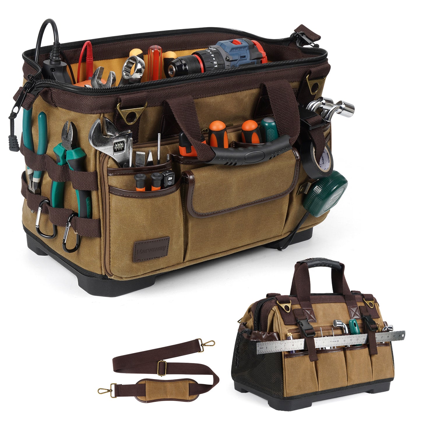 MARVEWAY Vintage Waxed Canvas 16 Inch Mechanic Electrician 31 Pockets Tool Bag