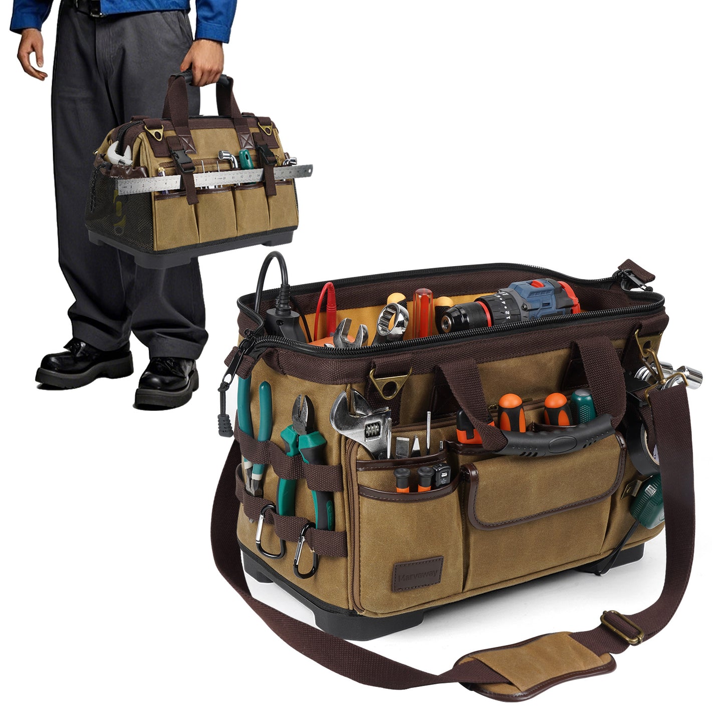 MARVEWAY Vintage Waxed Canvas 16 Inch Mechanic Electrician 31 Pockets Tool Bag