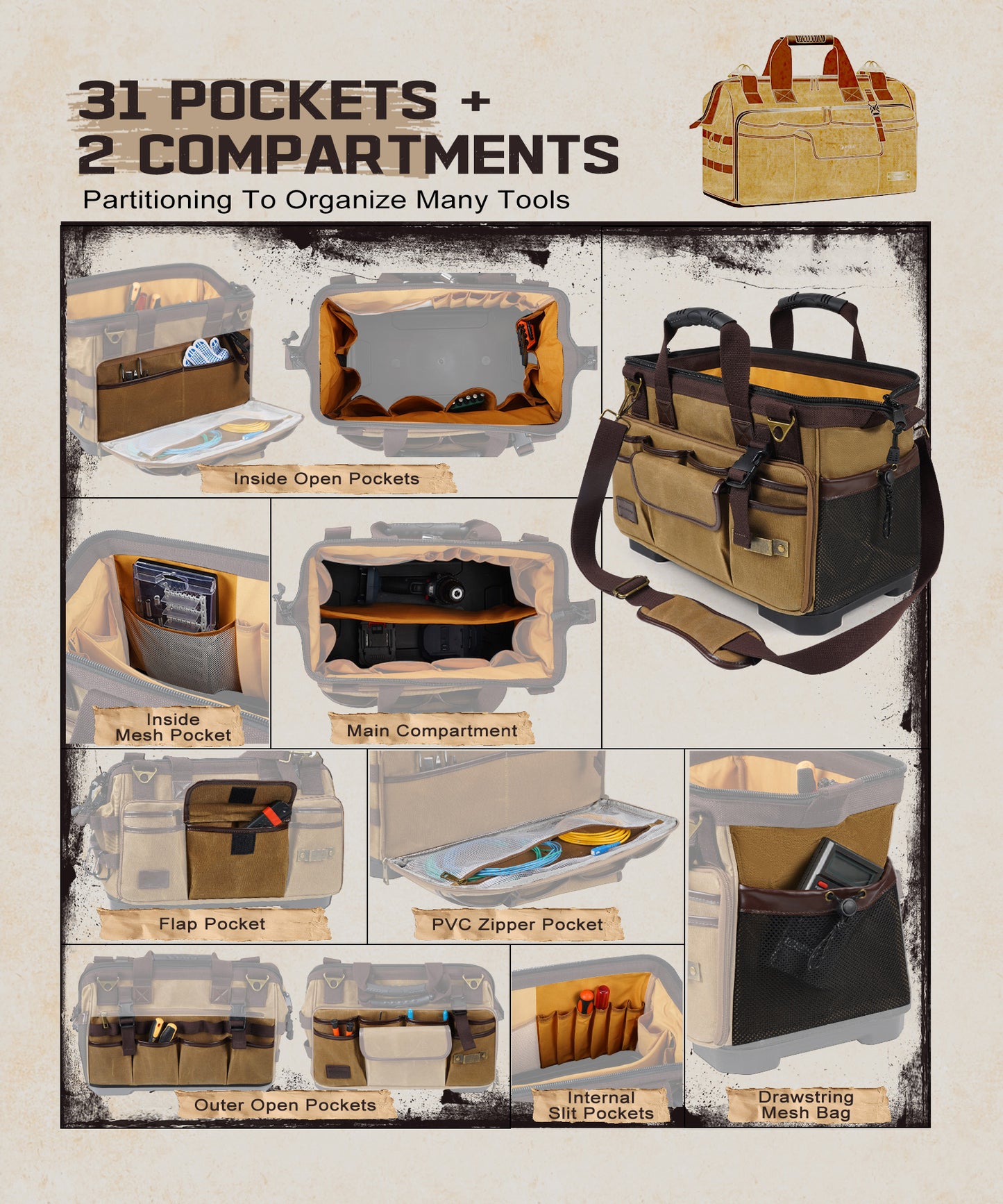 MARVEWAY Vintage Waxed Canvas 16 Inch Mechanic Electrician 31 Pockets Tool Bag