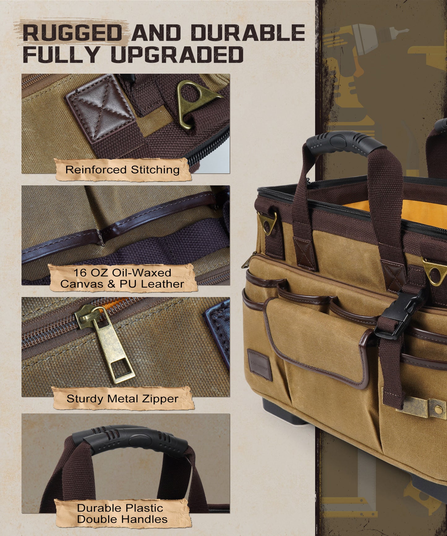 MARVEWAY Vintage Waxed Canvas 16 Inch Mechanic Electrician 31 Pockets Tool Bag