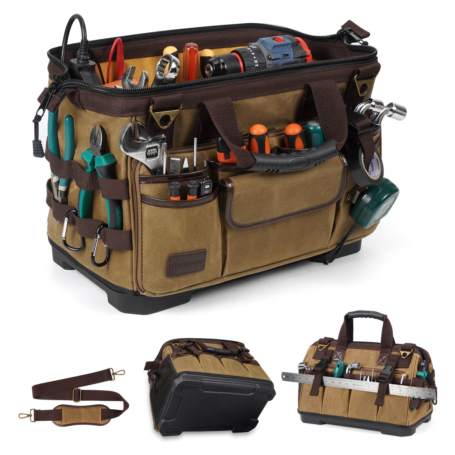 MARVEWAY Vintage Waxed Canvas 16 Inch Mechanic Electrician 31 Pockets Tool Bag