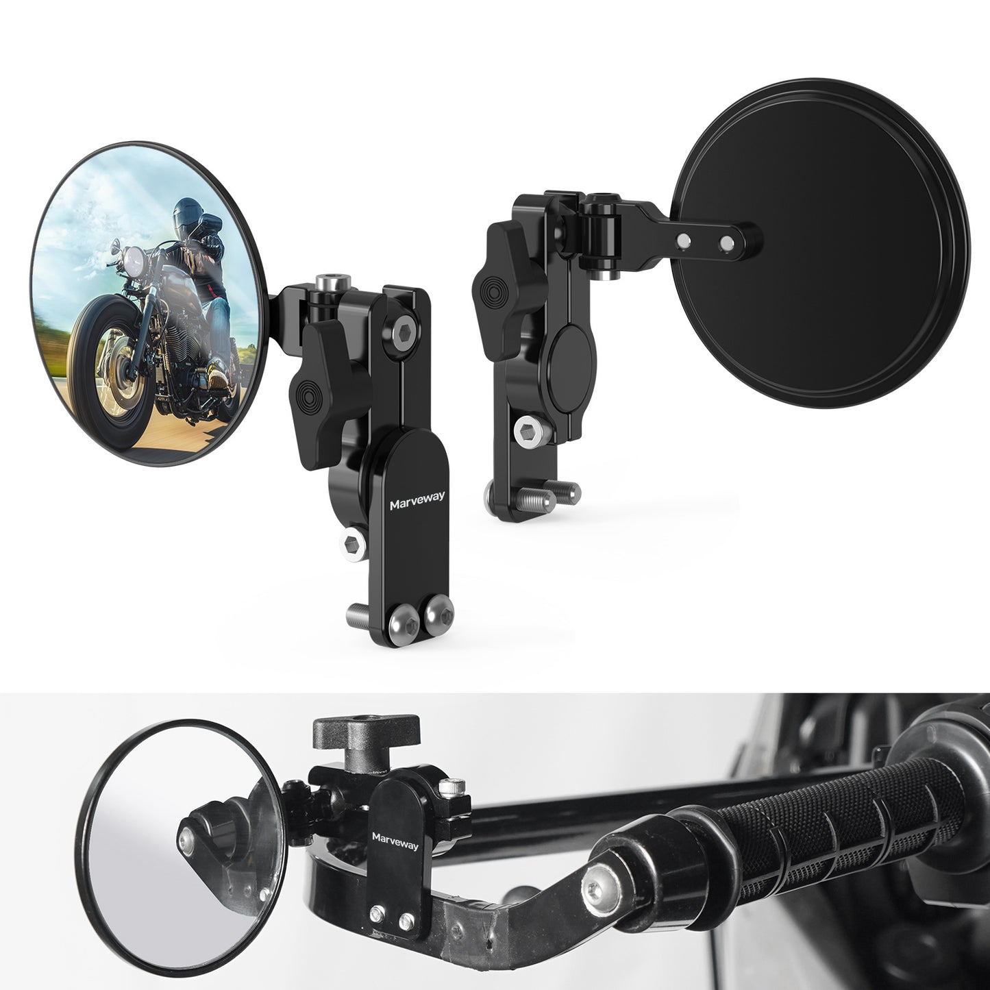 MARVEWAY Motorcycle Hand Guard Round Adjustable Quick Flip Convex Mirrors Kit
