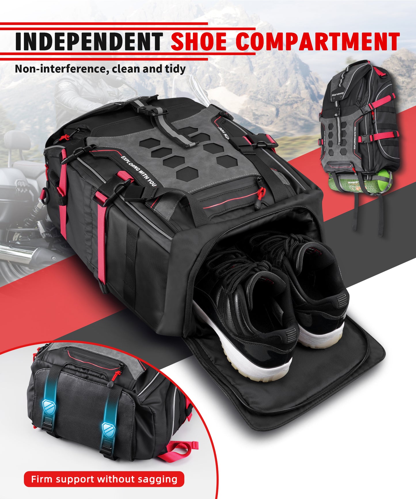 Marveway Motorcycle Helmet Bag Upgrade 35L with Shoe Compartment Hiking
