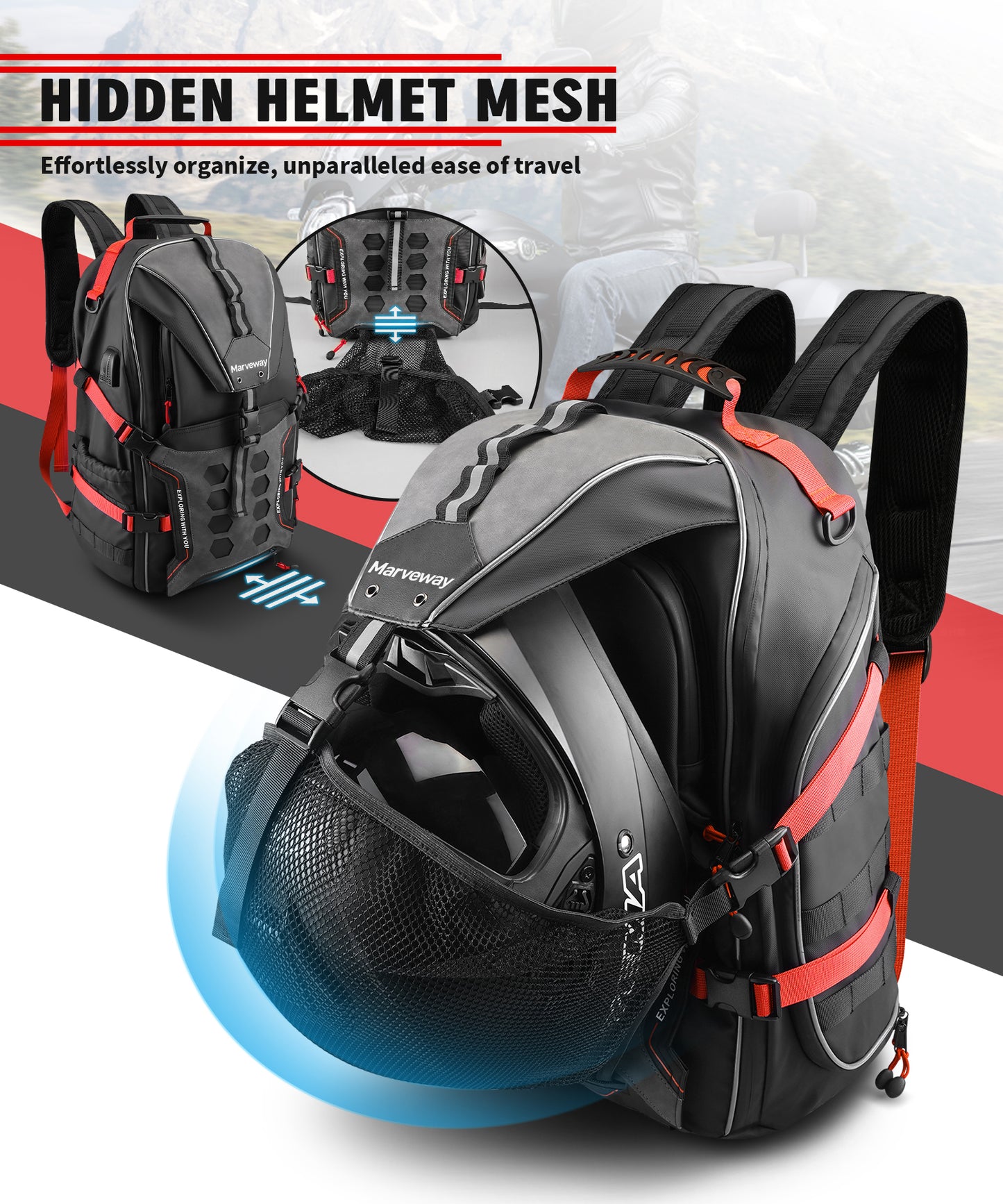Marveway Motorcycle Helmet Bag Upgrade 35L with Shoe Compartment Hiking
