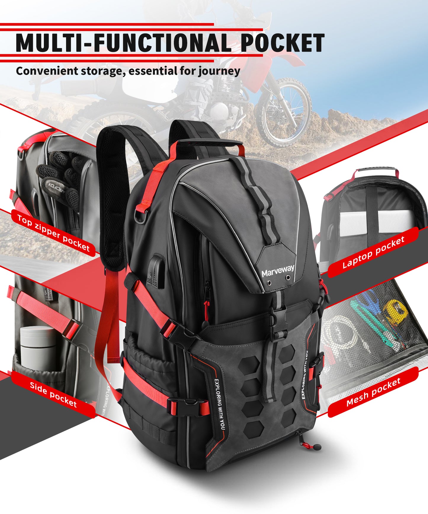 Marveway Motorcycle Helmet Bag Upgrade 35L with Shoe Compartment Hiking