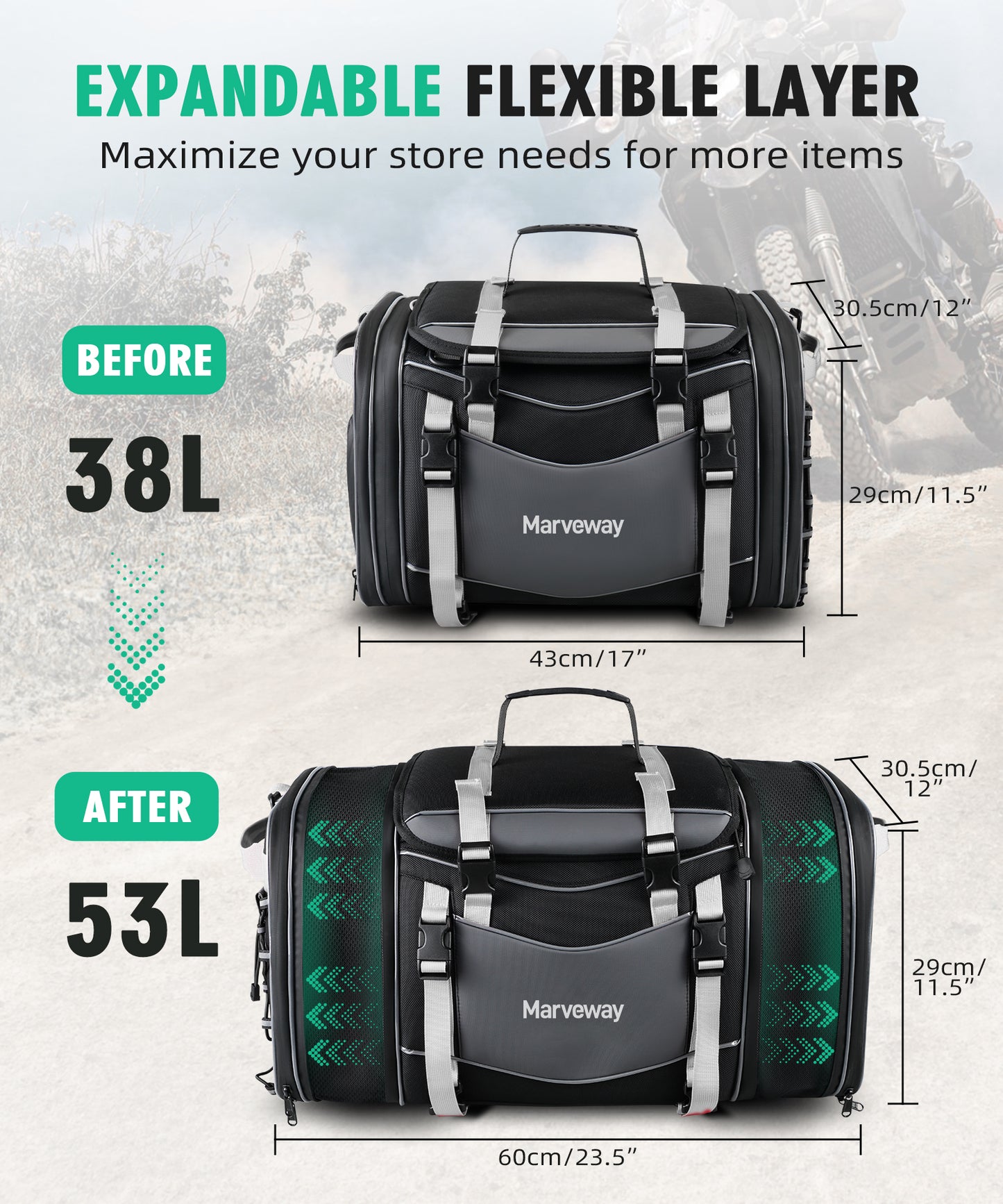 MARVEWAY Multi-functional Motorcycle Tail Bag 53L Expandable Luggage Rack Bag Trunk Helmet Storage Bag