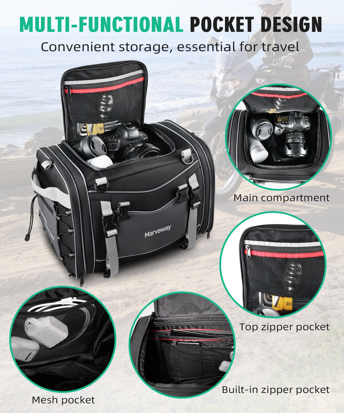 MARVEWAY Multi-functional Motorcycle Tail Bag 53L Expandable Luggage Rack Bag Trunk Helmet Storage Bag